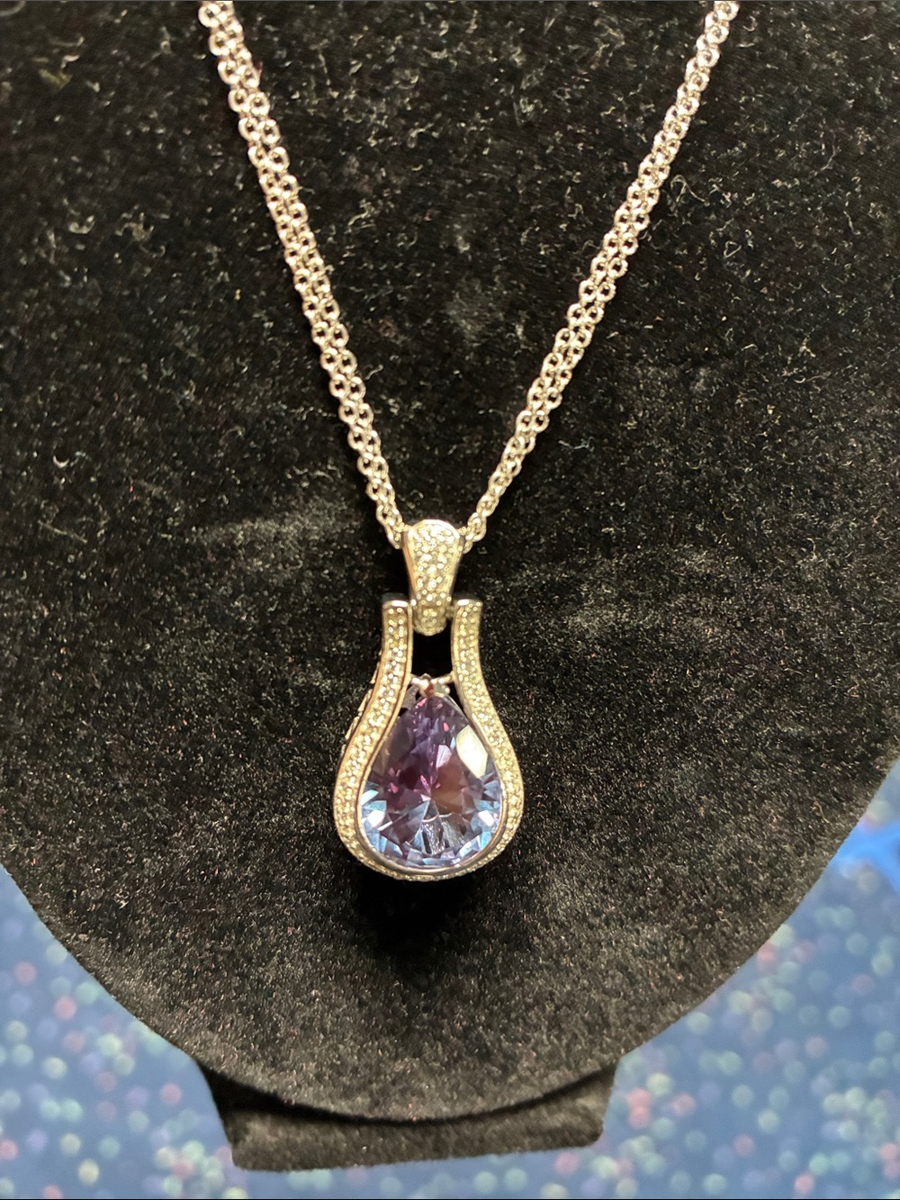 Purple Tanzanite and Moissanite Teardrop Pendant 18” Double Strand 925 Necklace